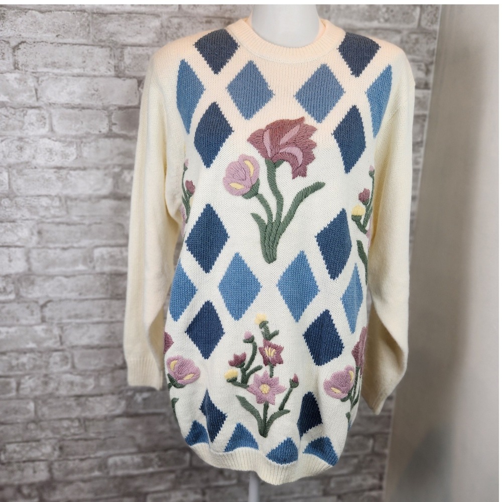 Alfred Dunner Vintage Sweater Argyle Floral Embroidered Cream Grandmacore Large